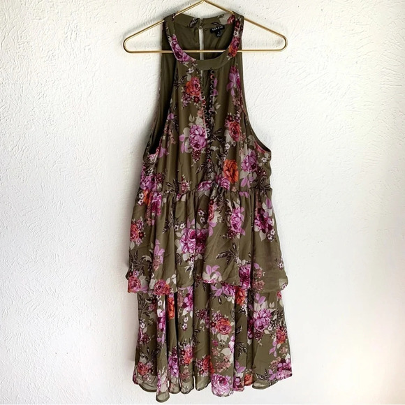 Torrid Floral Tiered Olive Chiffon Dress Sz 1 - Picture 4 of 6